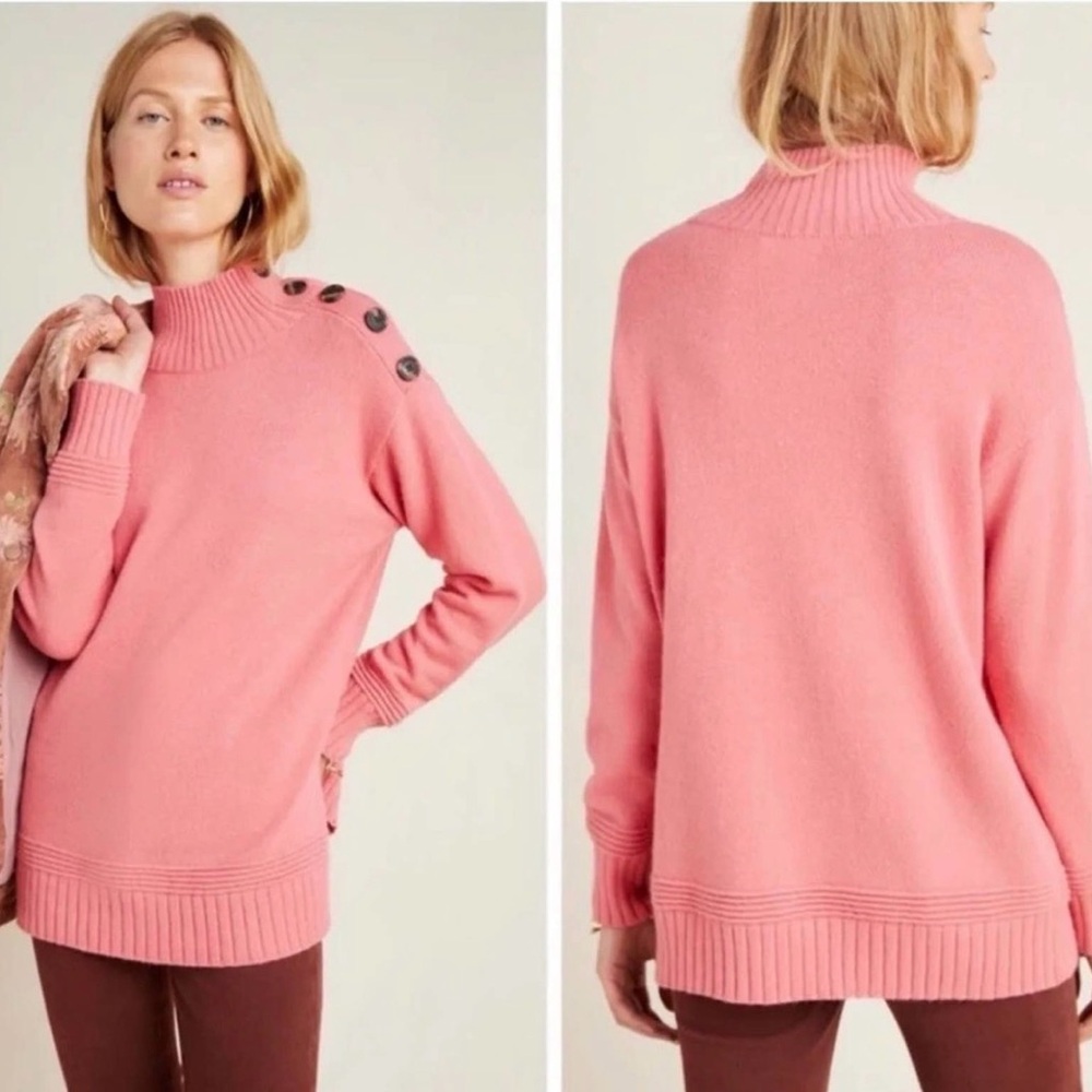 Anthropologie Margarita Pink Mock Neck Tunic Sweater With Button Detail